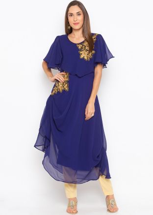 Blue Asymmetric Readymade Embroidered Kurti