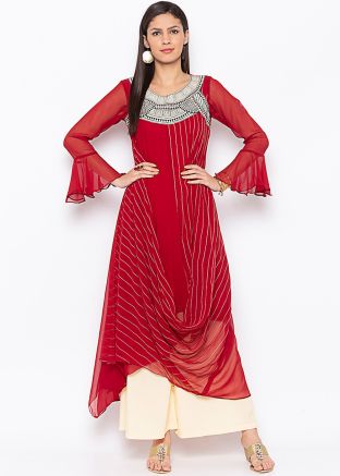 Red Bell Sleeved Readymade Long Kurta