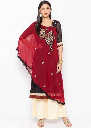 Maroon And Black Embroidered Readymade Kurta
