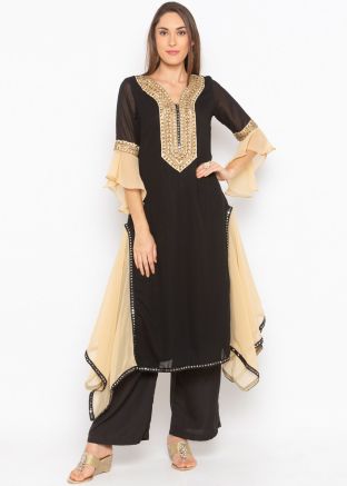 Black Readymade Georgette Embroidered Kurta