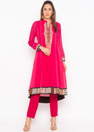 Pink Embroidered Georgette Readymade Kurti