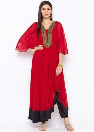 Red Readymade Long Kurti In Georgette