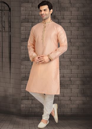 Readymade Peach Woven Kurta Pajama In Jacquard