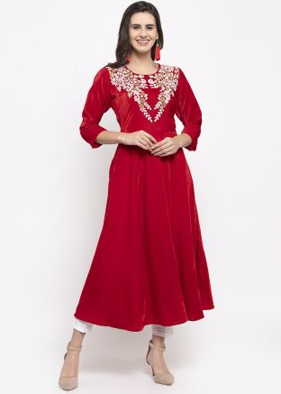 Red Velvet Readymade Embroidered Flared Long Kurta