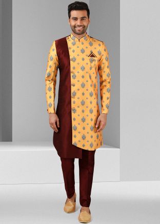 Maroon Readymade Asymmetric Printed Sherwani Set