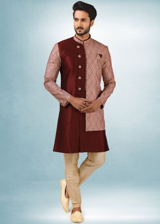 Maroon Printed Readymade Indo Western Sherwani