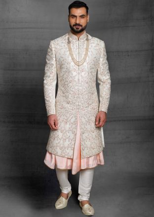 Cream Embroidered Readymade Anarkali Style Sherwani