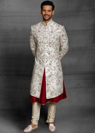 Readymade Cream Embroidered Sherwani With Anarkali Kurta