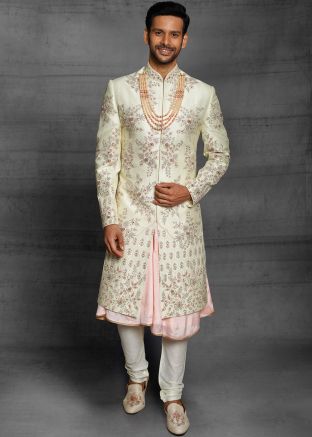 Cream Readymade Embroidered Anarkali Style Sherwani