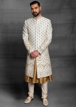 Readymade Cream Embroidered Groom Sherwani With Anarkali Kurta