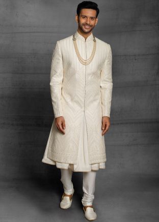 Cream Embroidered Anarkali Style Sherwani For Groom