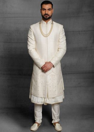 Embroidered Cream Groom Sherwani With Anarkali Kurta
