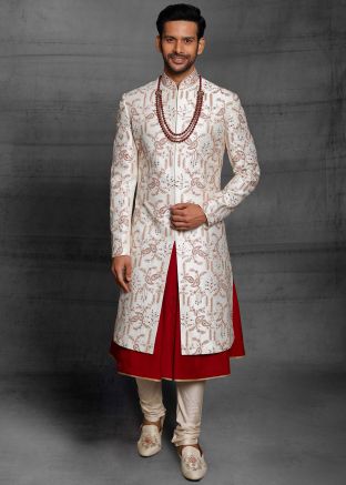 Cream Embroidered Groom Anarkali Style Sherwani