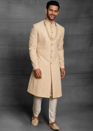 Golden Embroidered Mens Sherwani With Churidar