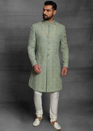 Green Mens Embroidered Silk Sherwani Set