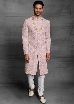 Pink Dori Embroidered Silk Sherwani With Churidar