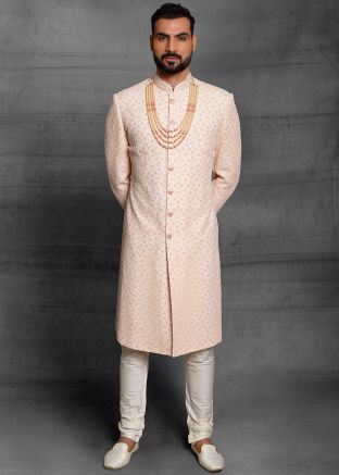 Peach Thread Embroidered Sherwani With Churidar