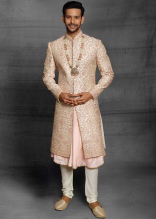 Readymade Cream Embroidered Anarkali Style Sherwani