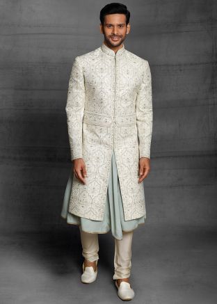 Off White Embroidered Sherwani With Anarkali Kurta