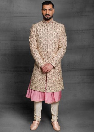 Golden Resham Embroidered Anarkali Style Sherwani
