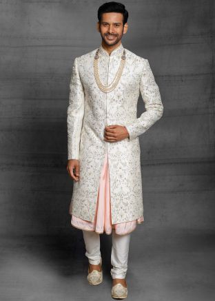 Off White Embroidered Groom Anarkali Style Sherwani