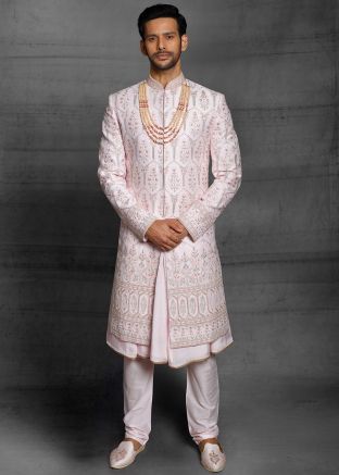 Embroidered Silk Anarkali Style Sherwani In Pink