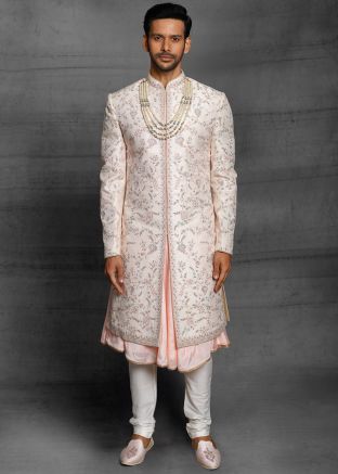 Peach Embroidered Mens Anarkali Style Sherwani