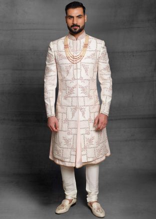 Readymade Embroidered Cream Anarkali Style Sherwani