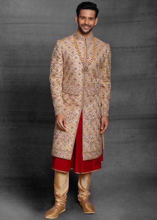 Beige Resham Embroidered Mens Anarkali Kurta With Sherwani