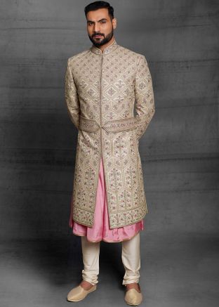 Golden Embroidered Groom Anarkali Kurta With Sherwani