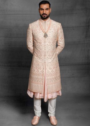Peach Embroidered Groom Silk Anarkali Style Sherwani