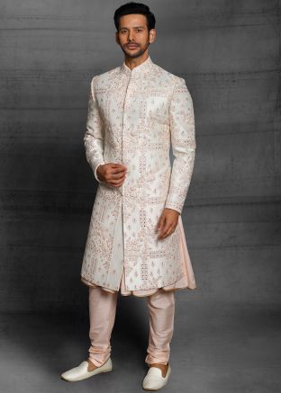 Resham Embroidered Anarkali Style Sherwani  In Cream