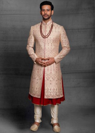 Resham Embroidered Golden Anarkali Kurta With Sherwani