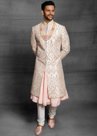 Cream Embroidered Silk Anarkali Stlye Sherwani