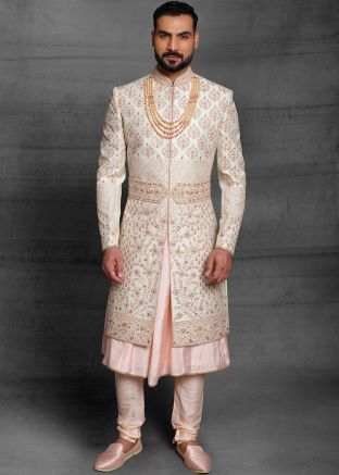 Readymade Cream Silk Embroidered Anarkali Style Sherwani