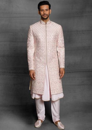 Pink Readymade Embroidered Anarkali Style Sherwani