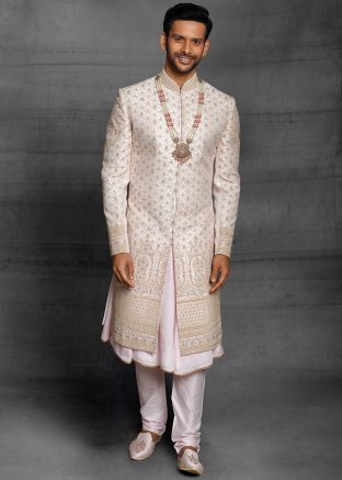 Cream Readymade Embroidered Anarkali Kurta With Sherwani