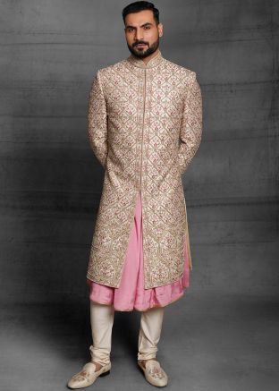 Golden Embroidered Readymade Anarkali Style Sherwani