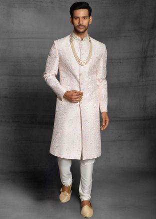 Cream Thread Embroidered Silk Sherwani Set