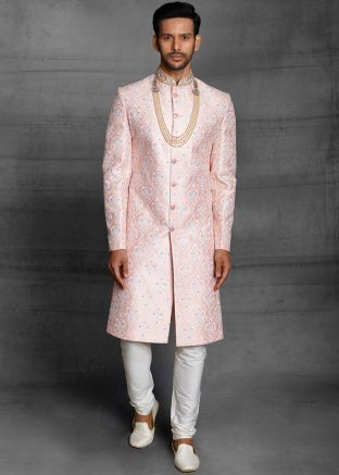 Pink Embroidered Sherwani With Churidar In Silk