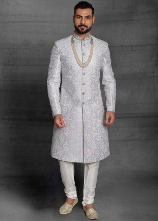 Readymade Blue Embroidered Sherwani With Churidar