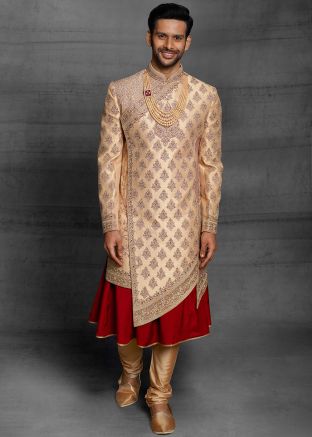 Golden Embroidered Asymmetric Sherwani With Anarkali Kurta