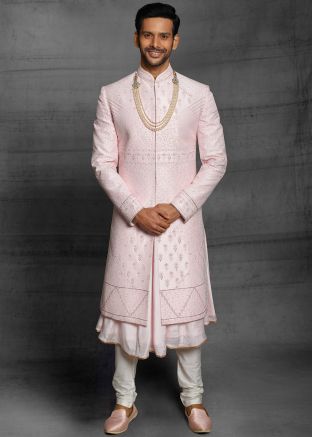 Pink Embroidered Anarkali Style Sherwani In Silk