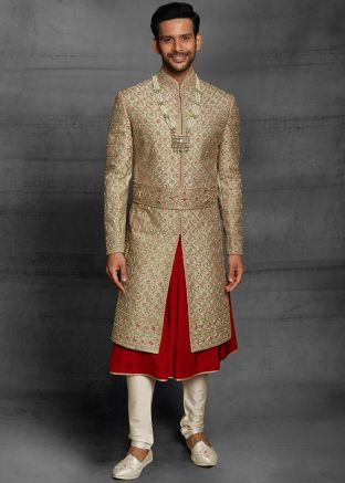 Green Embroidered Anarkali Kurta With Sherwani