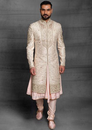 Embroidered Cream Mens Anarkali Kurta With Sherwani