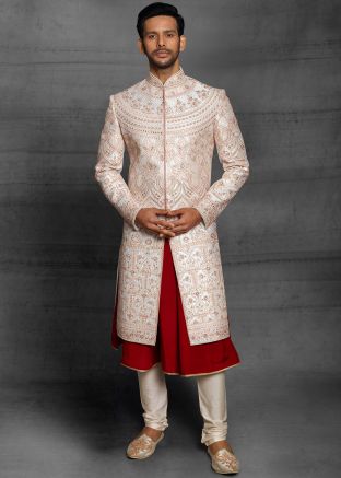 Off White Readymade Embroidered Anarkali Style Sherwani