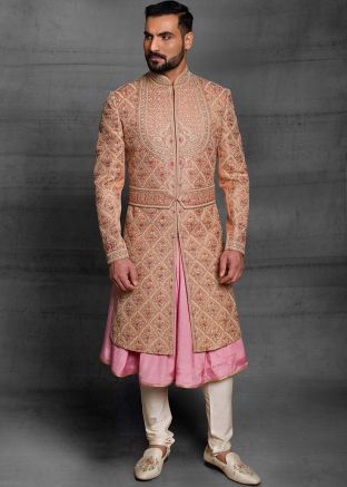 Peach Embroidered Mens Anarkali Kurta With Sherwani