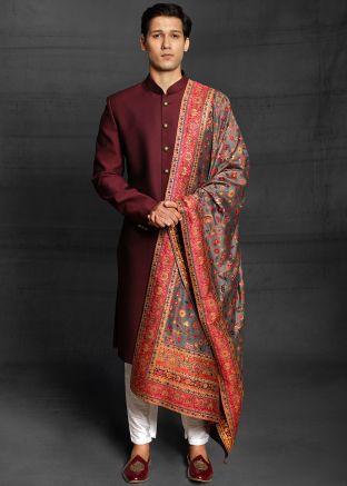 Readymade Maroon Mens Sherwani With Trouser