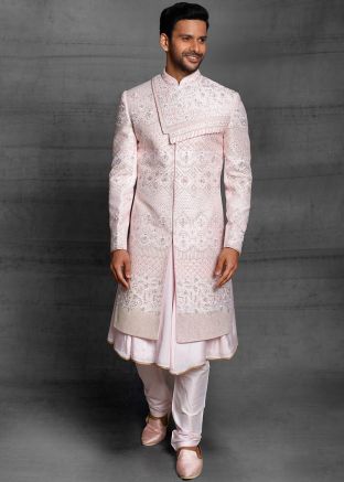 Pink Embroidered Silk Anarkali Style Sherwani