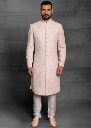 Peach Embroidered Sherwani With Churidar In Silk